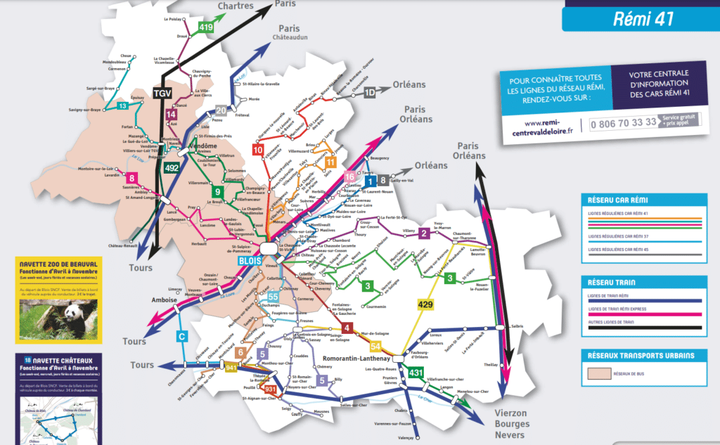 Réseau de transport en commun en Loir et Cher, Vendome, Blois, reseau ferré et bus et en direction de paris.